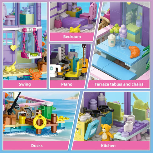 3 1 Set 961 8+ NEWABWN in Pink Girls Beach House Building with Light, PCS Seaside Villa Friends Building Toys