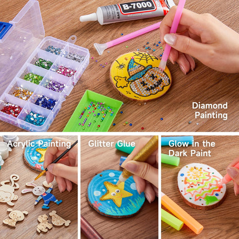 5-12, Kids Wood Painting Craft Kit, Glow-in-the-Dark Paint and Diamond Painting on Wood Slices with Stickers & Wiggle