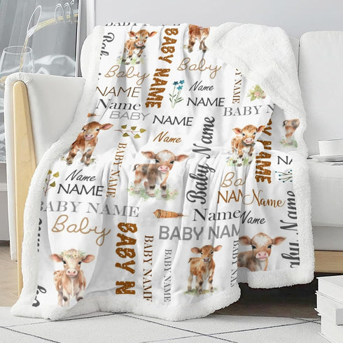 Novusopt Custom Blanket with Name Baby Sherpa Blanket Cow Personalized Baby Blankets for Boys Girls Unisex Sherpa