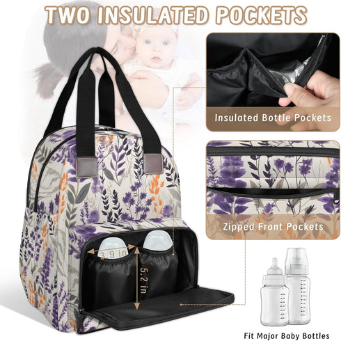 Eativisa Backpack-Multi-functional Lavender flowers Diaper Bag mother and baby bag Thermal compartment USB charging
