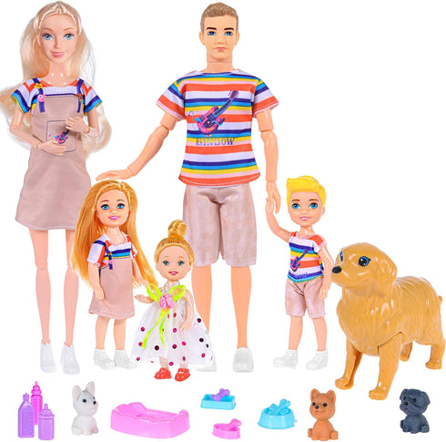 iBayda Family Dollhouse Dolls Playset - 6 People with Dollhouse Pets Included