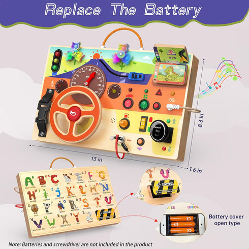1-3 1+ Busy Board Montessori Toys for Toddlers with Steering Wheel, Lights & Switches, Wooden Driving Activity Board |