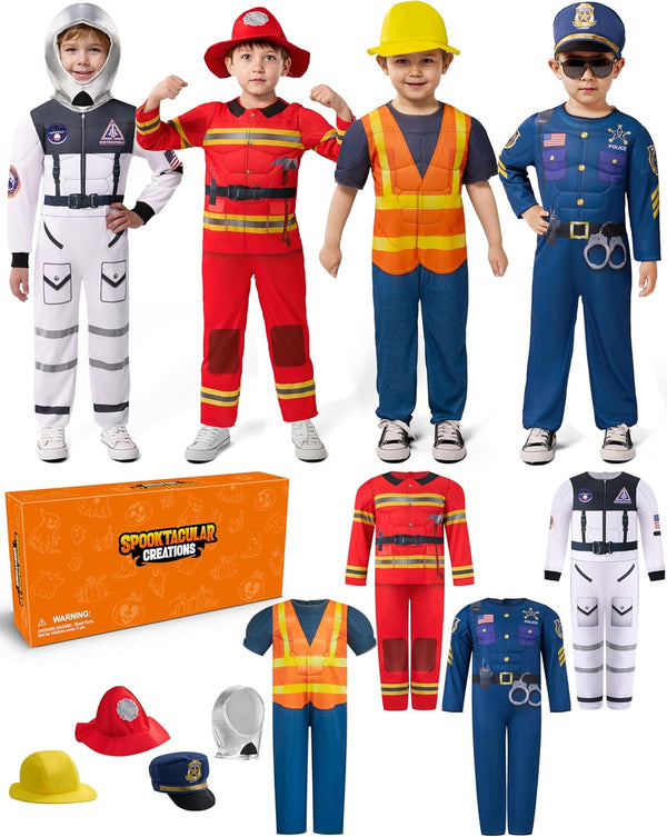 Spooktacular Creations Boys DressUp Costumes, 8In1 Career RolePlay Set-Astronaut/Police Muscle Costumes for