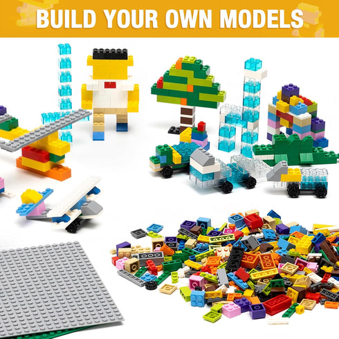1600 Pieces Building Bricks with 2 Packs 24x24 Studs Sticky Plates, 46PCS Wheel Accessory, Creative Toy Compatible with
