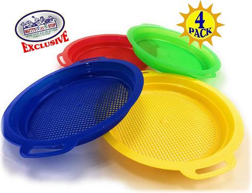Set 4 Pack (8.75'' 9.75") Matty's Toy Stop Sand Sifter Sieves for Sand & Beach (Red, Blue, Yellow & Green) Complete