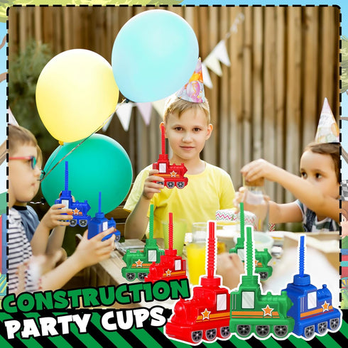 Tanlade 24 Sets Traffic Vehicle Party Favor Supplies, 10 oz Plastic Train Shape Cups with Straws for Birthday