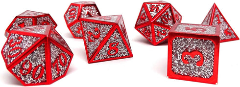 Heroic Dice of Metallic Luster - 7 Piece Metal Polyhedral Dice Collection in Silver with Red Font