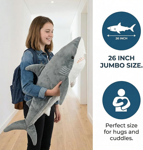 ZHONGXIN MADE 26Inches Simulation Great White Shark Plush Toy - Grey Lifelike Long Great White Shark Stuffed Toys