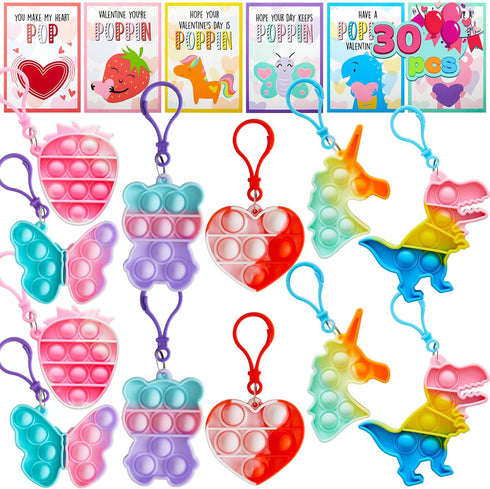 30 Packs JOYIN Valentine's Day Gift Cards with Pop Fidget Keychain Toys, Stress Anxiety Relief Fidget Toys with Cards