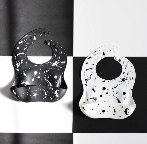 Silicone Baby Bib with Food Catcher - Adjustable Waterproof Feeding Bib for 4-36 Months, Paint Splatter on Black