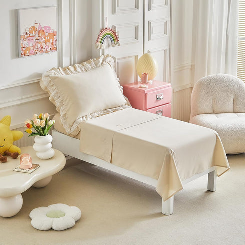 Set 4 Set 1 1 +1 +1 Ruffled Lace Toddler Bedding with Ruffle Fringe, Solid Color Pieces Toddler Bed - Cute Baby