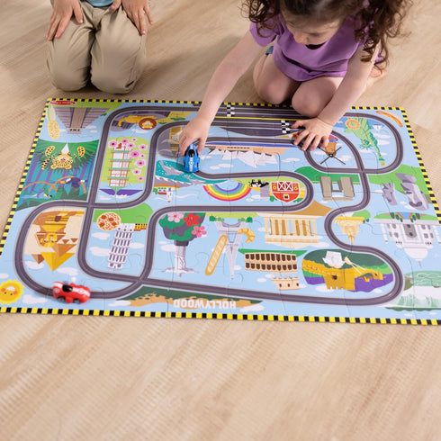 (48 4+ Melissa & Doug Race Around the World Tracks Cardboard Jigsaw Floor Puzzle and Wind-Up Vehicles Pcs)