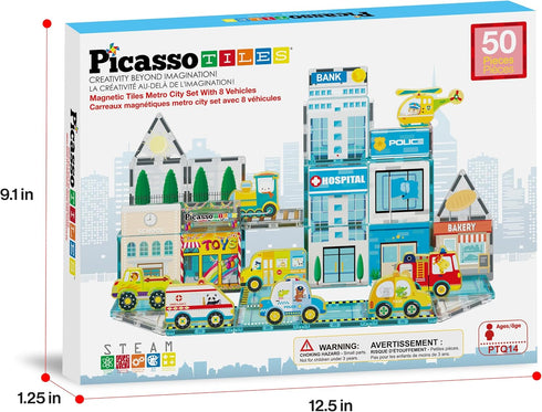 Set 8 3 PTQ14 PicassoTiles Metro City Hospital Magnetic Tile Building with Vehicles and Figures Educational Magnet