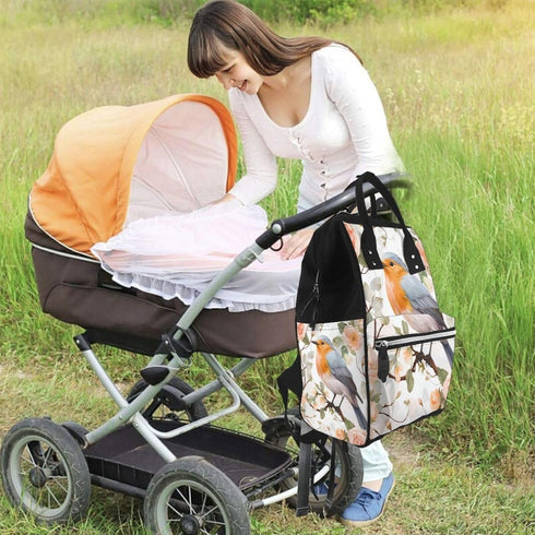OUSIKA Backpack Daypacks Floral Print Watercolor Robin Bird Print Diaper Bag Multifunction Laptop Travel Large Nappy