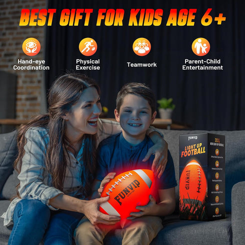 Funvip Rechargeable Glow in The Dark Football for Kids, Size 6 Light Up Football with USB Charging, Gift Box & Pump