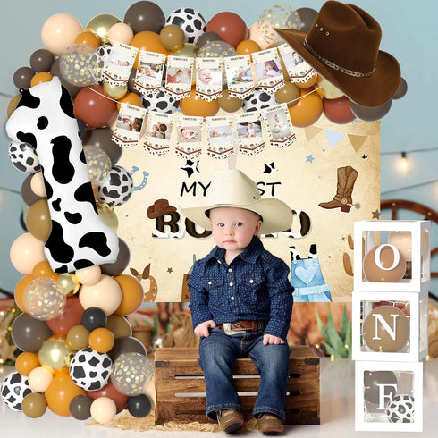 1st 1 1 Western Cowboy Birthday Decorations with Cowboy Balloons Arch, Number Balloons, Banner, Cake Toppers, Backdrop