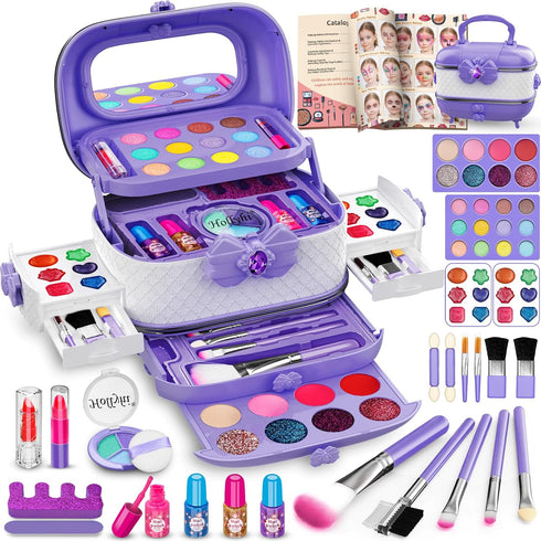 Hollyhi 58 Pcs Kids Makeup Kit for Girl - Real Washable Cosmetic Set with Mirror, Princess Toys, Play Make Up Birthday