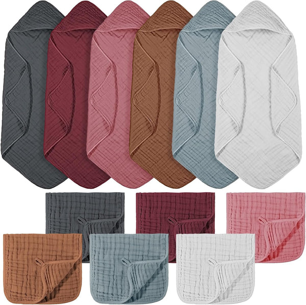 VitalCozy 12 Pcs Baby Muslin Hooded Bath Towels and Washcloths Muslin Cotton