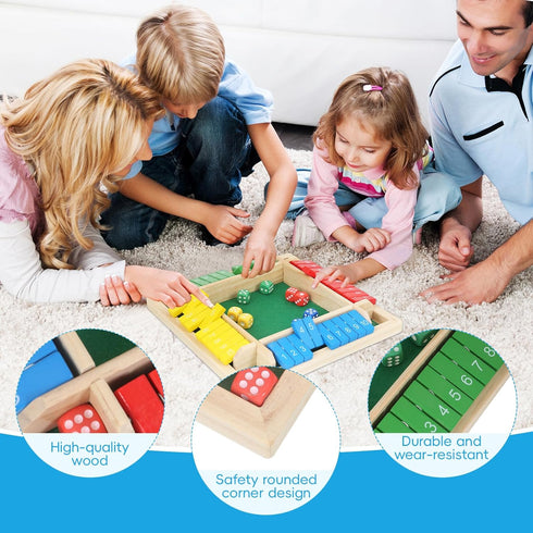 TOMMYHOME 2-4 Wooden Shut the Box Board Game Math Games & Dice Games for Players, Family Game for Game Night, Travel