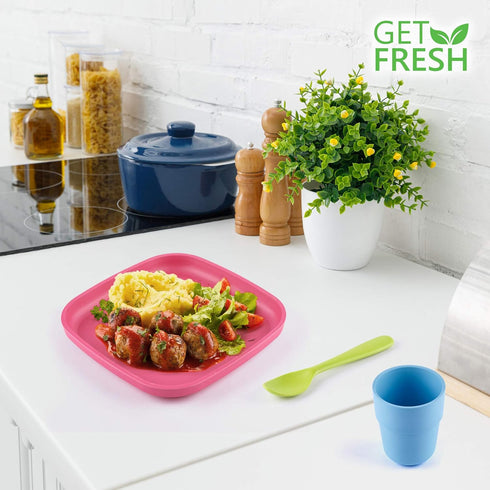Bamboo Kids Plates, 4 Pack Set, Stackable Bamboo Dinnerware for Kids, Dishwasher Safe