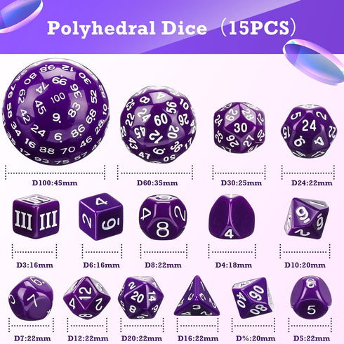 15 Set D3-D100 Set 100 Civaner Pcs Complete Polyhedral Dice Spherical RPG Dice in Opaque Black, Sides for Role Playing