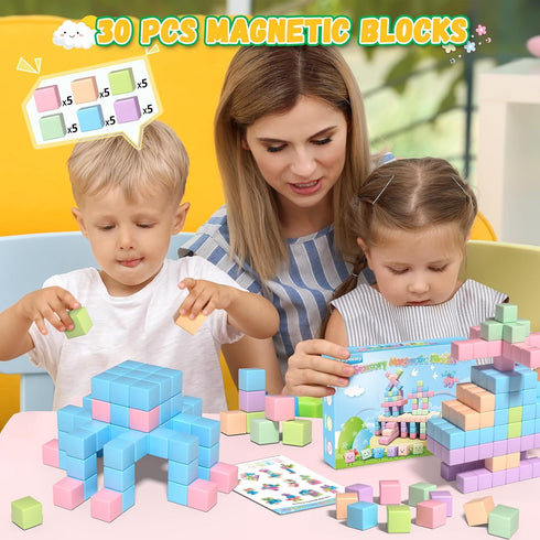 Styleeasy 30PCS 3 4 5 6 Magnetic Blocks, Waterproof Building Blocks, Macaron Colors Cubes, Preschool Classroom Must