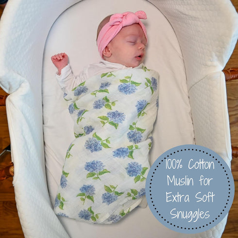 Swaddle Blanket | 100% Muslin Cotton | Newborn and Baby Nursery Essentials, Registry | Hydrangea Print
