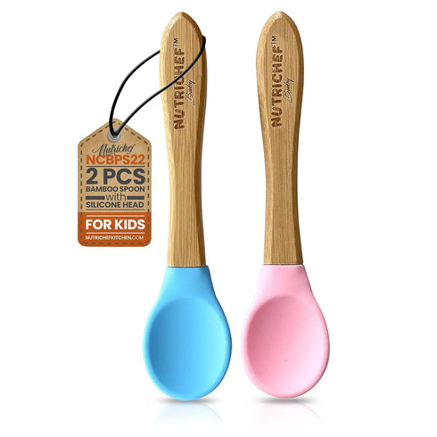 Nutrichef 2 Piece Baby & Toddler Spoon Set, All Natural Wooden Spoon Set with Soft Curved Food Grade Silicone Head,