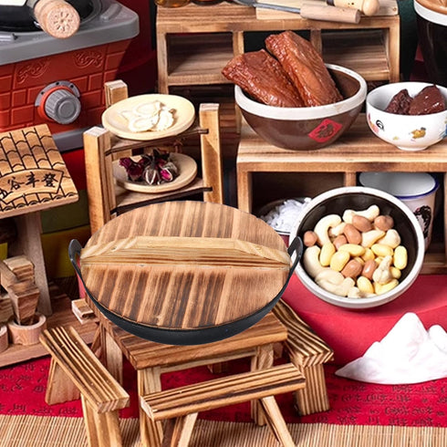 Zerodeko 1 Set 1:12 Miniature Cooking Pot, Mini Wok with Wooden Cover for Dollhouse Cookware