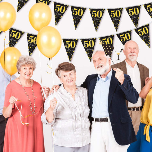 Blulu 5 Pack 50th Birthday Party Pennant Banner - Black Golden 50 Years Triangle Flag Party Accessory