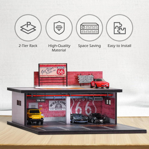 1/64 Scale Parking Garage Scene Model - 2 Layers Hot Wheels Display Case with LED Light for 11 Diecast Cars, Red
