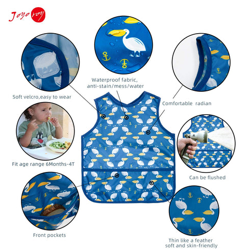 Joyo roy Mess Proof Waterproof Baby Bibs for Eating, Soft Machine Washable Sleeveless Smock Bib for Boys 1-3 Years