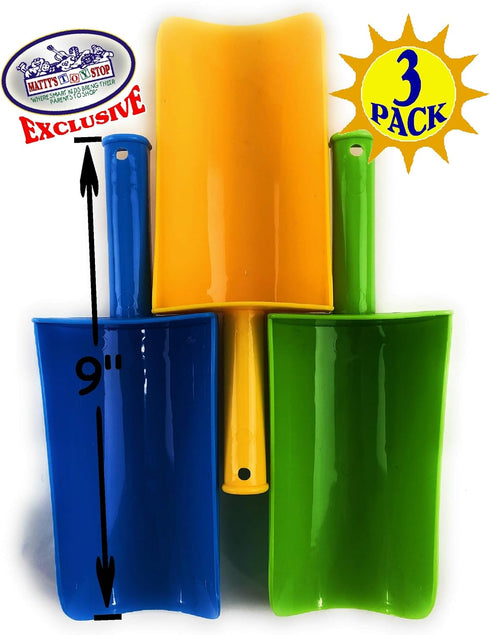 9" Set 3 Pack Matty's Toy Stop Kids Short Handle Sand Scoop Plastic Shovels for Sand & Beach (Yellow, Blue & Green)