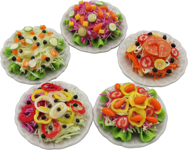 5 Assorted Salad with Plate for Dollhouse Miniature Food - 1:6 Scale Realistic Clay Food