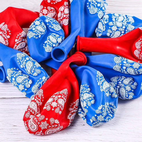 Zonon 40 Pcs Western Cowboy Balloons - Bandana Balloons Blue and Red, Large 12 Inch Latex Bandana Print Decorations Kit
