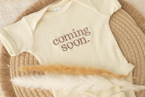 Generic Embroidered Coming Soon Baby Bodysuit, Pregnancy Announcement Bodysuit. Gifts for New Grandparents, Husband