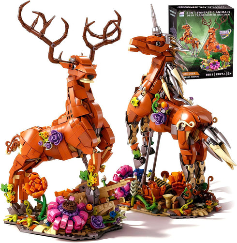MENTOJOY 2-in-1 Magical Unicorn & Deer Building Set 1367 Pieces Flower Base