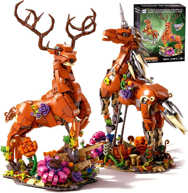 MENTOJOY 2-in-1 Magical Unicorn & Deer Building Set 1367 Pieces Flower Base