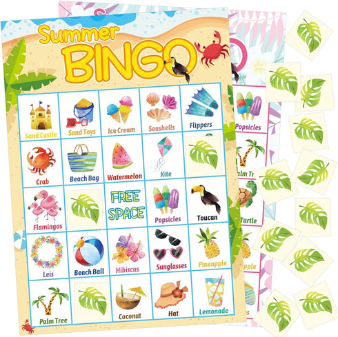 Fancy Land Summer Bingo Game for Kids - 24 Players Hawaiian Tropical Luau Party Favors Supplies
