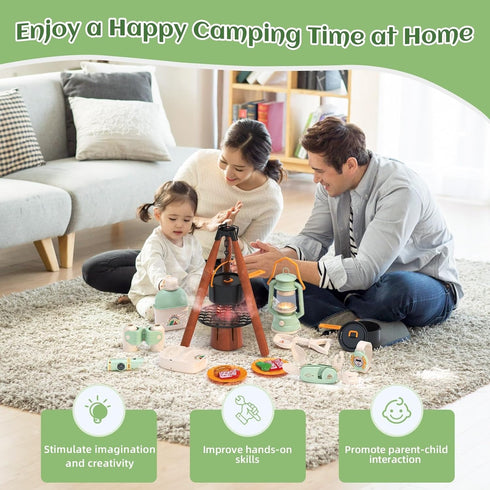 Kids Camping Toys Set, Pretend Play Camping Set with Food Toy, Lantern, Binoculars, Tableware, Gift for 3+