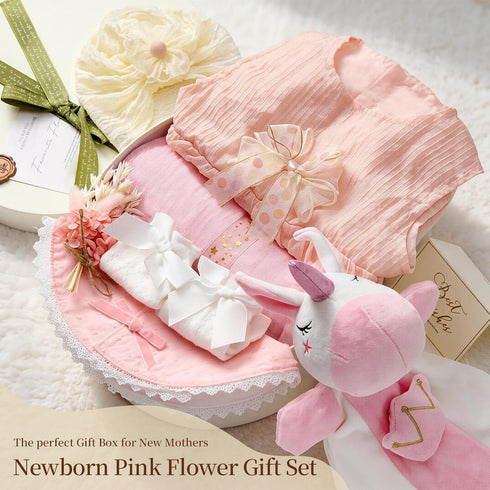 Set 9PCS, 0-9 TUZT Newborn Baby Girl Gift Baby Shower Gift Box with Onesie Blanket Hand Puppet, Newborn Essentials