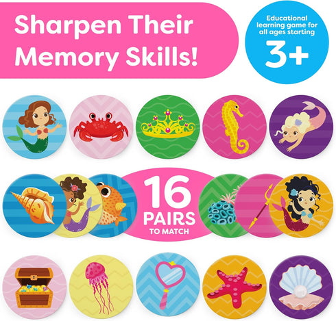 Girls Matching Memory Game for Kids - 32pc Mermaid Concentration Card Matching Games for Preschool Toddlers Ages 3-5