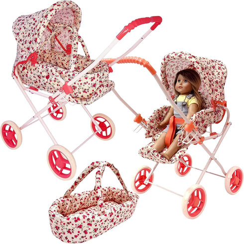 Set, 3-in-1 3-4 Baby Doll Stroller Play Babydoll Stroller with Removable Bassinet Baby Carriage for Dolls Toy Doll