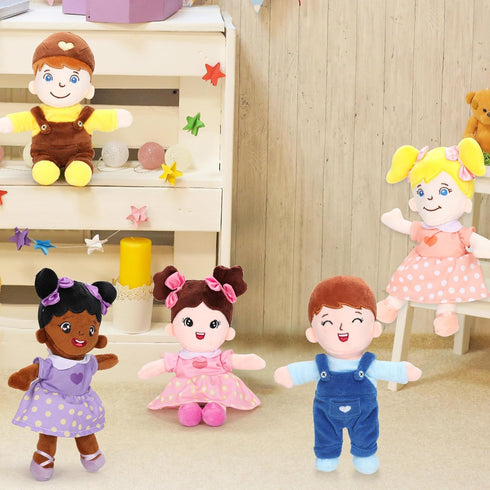 Basket of 8" Plush Diversity Baby Dolls - 6 Piece Set with Interchangeable Clothes for All Ages