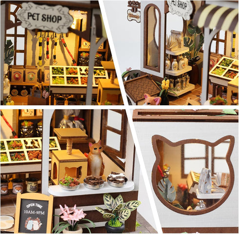 Teens,3D DIY Miniature House Kit,Pet Shop Dollhouse Miniature Kit with LED & Furniture,Mini Diorama House Building Kit