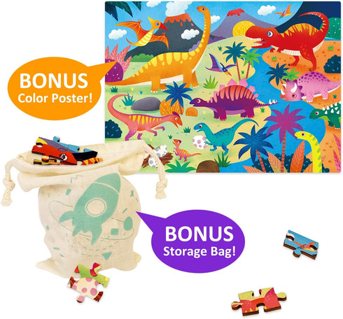 Wooden Puzzles for Kids Ages 3-5 - 100 Piece Dinosaur Jigsaw Puzzle for Ages 4-8 with Unique Pieces