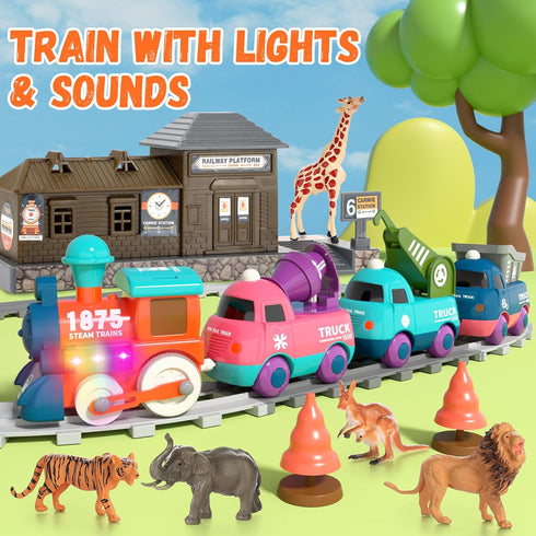 Set Playset 3-5, 3 4 5 Train for Toddlers, Electric Train Toys with Light, Music and Animals, Toddler Magnetic Train