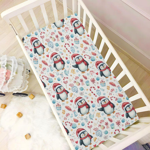 Sheet,39x27IN Pfrewn Christmas Crib Sheets for Boys Girls Cute Penguins Winter Holidays Fitted Crib Sheet for Mini Crib