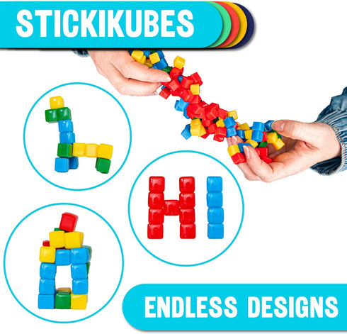 StickiKubes 36 Non-Toxic Stacking Cubes in 4 Colors, Stickable to Almost Everything, No Residue, Creative Construction Toy with Display Easel (1 Pack)