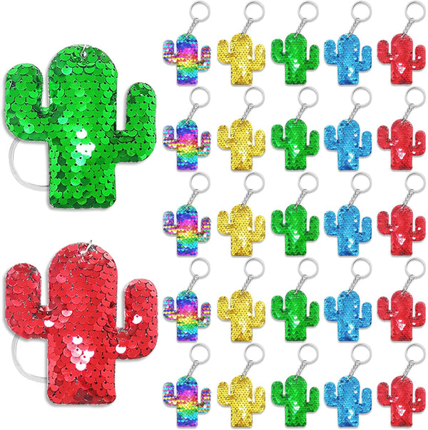 CiciBear 25 Pack Cactus Sequin Keychains in 5 Colors for Tropical Hawaiian Summer Themed Party Favors, Birthday Gifts
